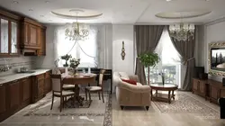 Дизайн кухни гостиной с тремя окнами