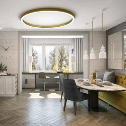 Living room kitchen design with three windows