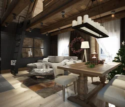 Chalet uslubida yashash xonasi oshxonasi dizayni