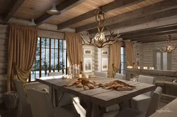 Living room kitchen design in chalet style