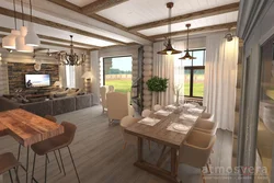 Living room kitchen design in chalet style