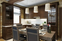 Chalet uslubida yashash xonasi oshxonasi dizayni