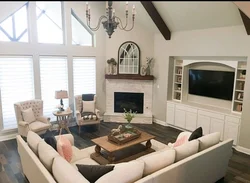 Living room design with corner sofa and fireplace