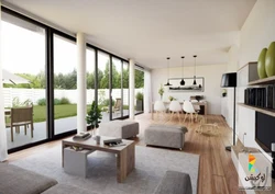 Living room kitchen design with floor-to-ceiling windows
