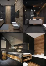 Bathroom design in dark colors with wood