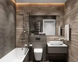 Bathroom design in dark colors with wood