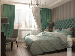 Curtains in the interior of a bedroom with a gray bed