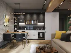 Дизайн кухни лофт с диваном