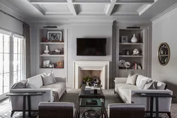 Gray living room design with fireplace