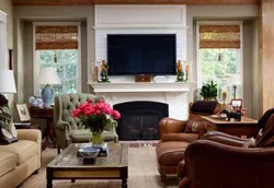 Living rooms with fireplace by the window photo