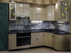 Corner kitchens with photo glass