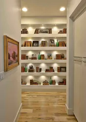 Shelves in a narrow hallway photo