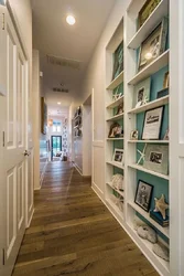 Shelves in a narrow hallway photo
