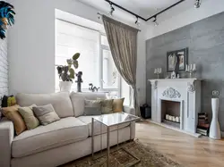 Gray living room with fireplace photo