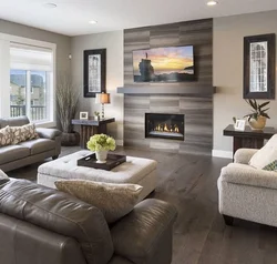 Gray living room with fireplace photo