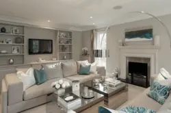 Gray living room with fireplace photo