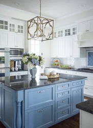 Blue kitchen gray countertop photo