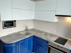 Blue kitchen gray countertop photo