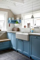 Blue kitchen gray countertop photo