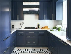 Blue kitchen black countertop photo