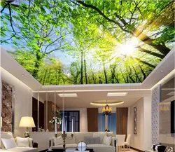 Photo wallpaper on the ceiling in the kitchen