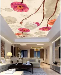 Photo wallpaper on the ceiling in the kitchen