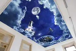 Photo wallpaper on the ceiling in the kitchen