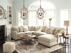 Corner light sofa in the living room photo