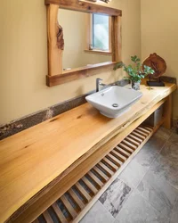 Wooden bathroom mirror photo