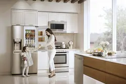 Refrigerator in the interior of a bright kitchen photo