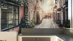 Kitchen with city on the wall photo