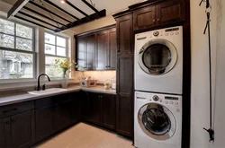 Black washing machine in the kitchen photo