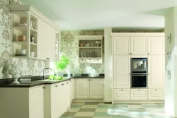 Photo of a kitchen on one wall, cream