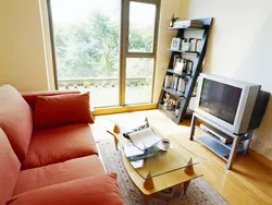 Yalnız divan və televizor fotoşəkili olan qonaq otağı