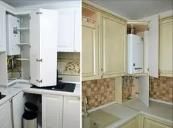 Kitchen with gas boiler and refrigerator photo