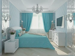 Curtains for turquoise wallpaper in the bedroom photo