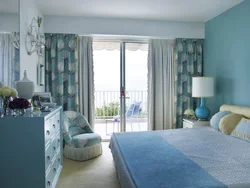 Curtains for turquoise wallpaper in the bedroom photo
