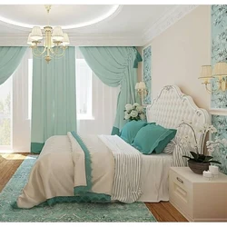 Curtains for turquoise wallpaper in the bedroom photo