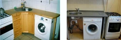 Oshxonadagi fotosuratda muzlatgich kir yuvish mashinasi lavabo
