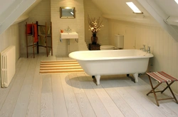 Tiles on wooden floor in bathroom photo