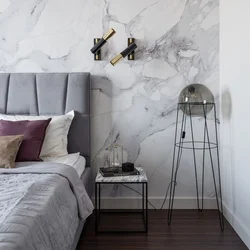 Wallpaper marble on the walls in the bedroom photo