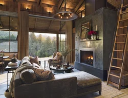 Living room with fireplace and panoramic windows photo