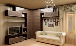 Bedroom with corner sofa and corner wardrobe photo
