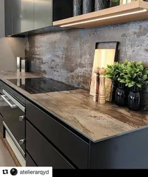Wood-look stone countertop for kitchen photo
