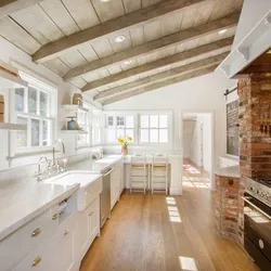 Ceiling design in the kitchen in a wooden house photo