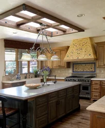 Ceiling design in the kitchen in a wooden house photo
