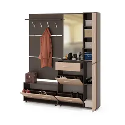 Narrow wardrobe in the hallway with a shoe rack and a hanger photo