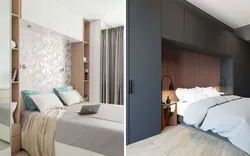 Photo of wardrobes in the bedroom on the entire wall with a bed