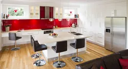 White kitchen with black countertop and bar counter photo