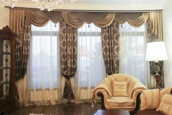 Lambrequinli zamonaviy uslubda yashash xonasi uchun pardalar, o'zingizning fotosuratlaringiz